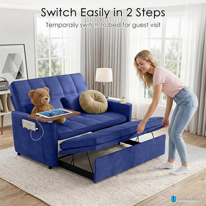 54'' Sleeper Sofa Bed, Convertible Pull Out Couch Futon for for Living Room,Apartment (Blue) Side Desk, USB Ports, Cup Hold, Velvet Fabric, Adjustable Backrest, Easy Assembly