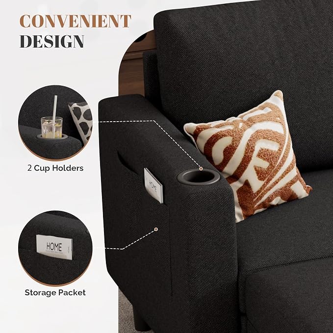 Luxanimarion Upholstered Sectional Sofa and Couches, 78'' L Shaped 3-seat Sofa forLiving Room, Apartment,Lounge,Bedroom-Washable Covers Convertible Sofas(Linen Fabric,Black)