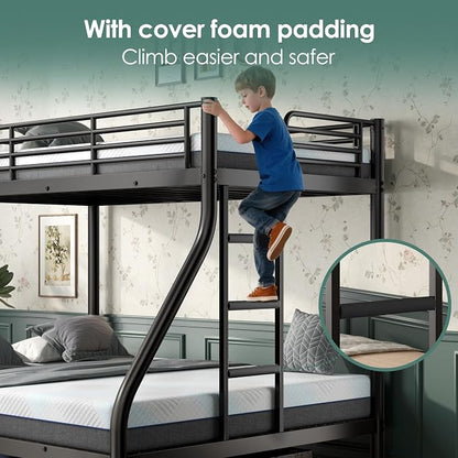 Bunk Beds Twin XL Over Full Size with 6" Mattresses Included, All-in-One Bunk Bed for Kids/Adults, Heavy Duty Sturdy Frame with Ladder Guardrail, with Memory Foam Mattresses, Black