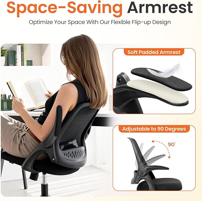 NEO Chair Office Chair Gaming Desk Computer Mesh Ergonomic Chair with Flip-up Arms Comfy Lumbar Support Adjustable Height Rolling Wheels Chair for Home Office (Black)