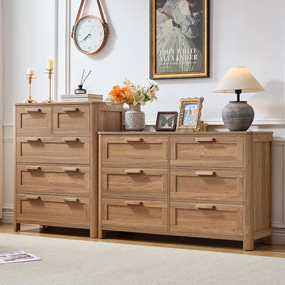 Joaxswe Farmhouse 6 Drawer Dresser for Bedroom, Horizontal Dressers with 6 Deep Drawers & 4 Thickened Table Legs, Brown