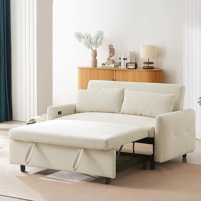 ERYE 57.5-Inch Loveseat Sofa with Pull Out Sleeper Couch Bed, Comfy Corduroy Upholstered Love Seat Sofa Convertible Sleeper Sofabed,Lounge Recliner Chaise Daybed | USB Charging Ports