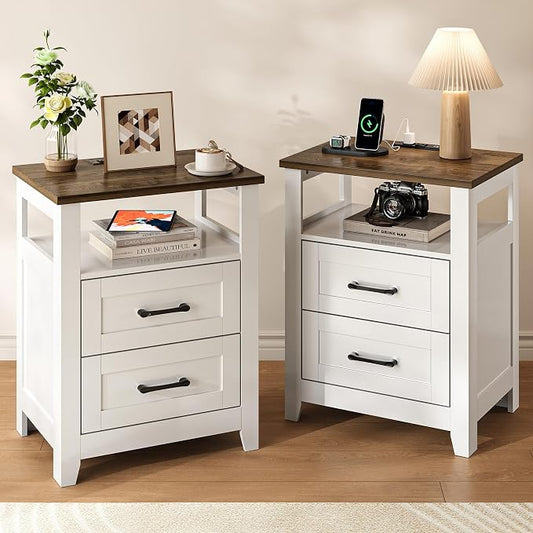 Decofy Farmhouse Nightstand with Charging Station, Modern End Tables with 2 Drawers & Open Shelf, Outlets, USB Ports & Type-C Ports, Wood Rustic Nightstands for Bedroom (2 Pack, Pure White + Walnut)