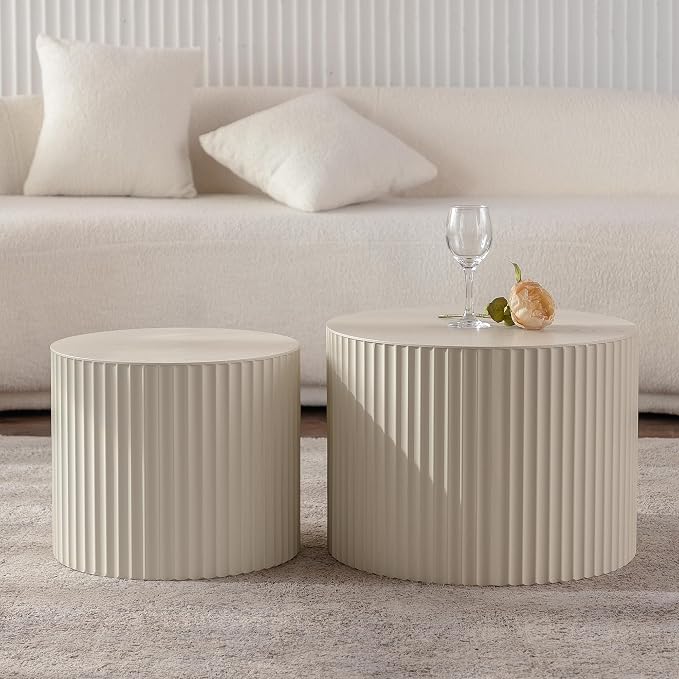Nesting Round Coffee Table Set of 2, Morden End Table for Small Spaces, Drum Side Table, Circle Wooden Center Table for Living Room, Fully Assembled
