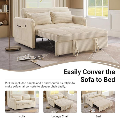 55.5" Corduroy Convertible Sofa Bed, Pull Out Sleeper Sofa Bed, Loveseat Couch with USB Charging Ports, 3 in 1 Convertible Sleeper Sofa Bed for Living Room, Apartment, Bedroom, RV, Beige