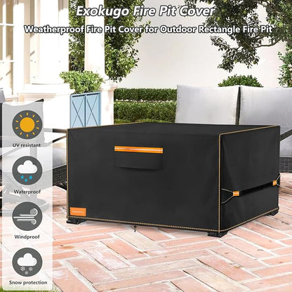 Fire Pit Cover,Outdoor Heavy Duty 600D 100% Waterproof Fire Pit Cover Rectangular,Weatherproof Firepit Covers Rectangle 52" L x 34" W x 24" H,Black