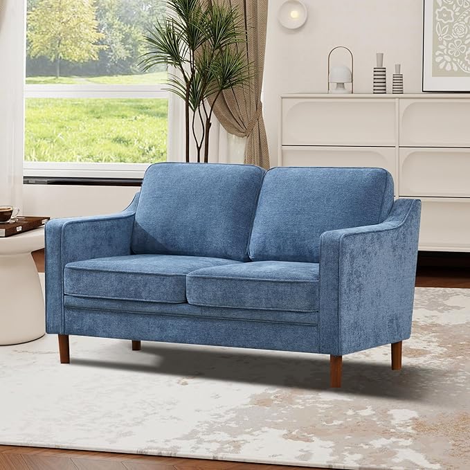 Kingfun 60" Chenille Sofa, Loveseat Couch, Mid Century Modern Love Seat Couches with Solid Wood Frame for Living Room Bedroom