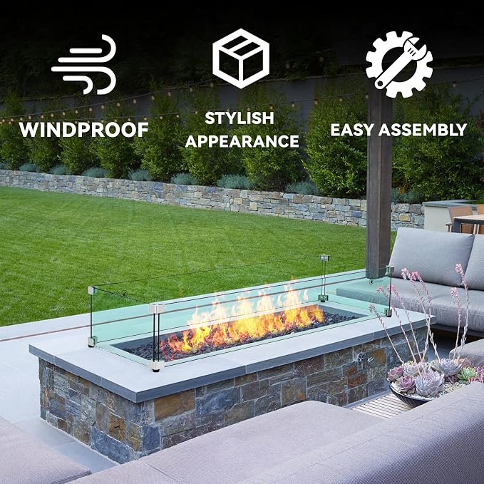 Skyflame Fire Pit Tempered Glass Wind Guard for Outdoor Linear Fire Pits, Thick/Clear Steady Feet Tree Gas Pit Guard / 78" x 11" Glass Shields for Propane, Outside Patio