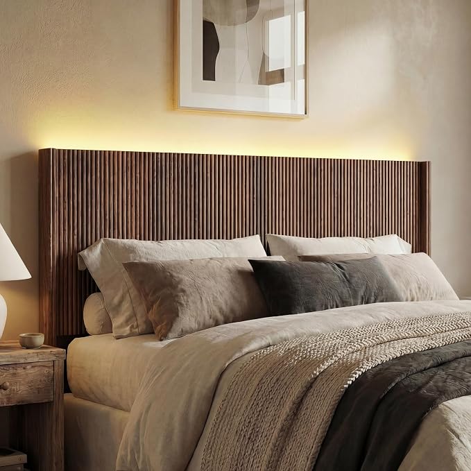 Queen Size Headboard Only, Modern Fluted Wall-Mounted Head Board with Lighting, Boho Wood Bed headboard Stylish Bedroom Decor, Espresso