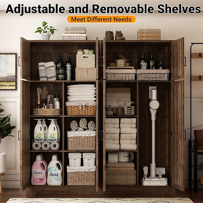 Unikito 71” Tall Storage Cabinet, Farmhouse Kitchen Pantry Cabinet with Adjustable Shelves and Barn Doors, Versatile Storage Cupboard for Dinning Room, Bathroom, Living Room, Weathered Brown, 2 Pack