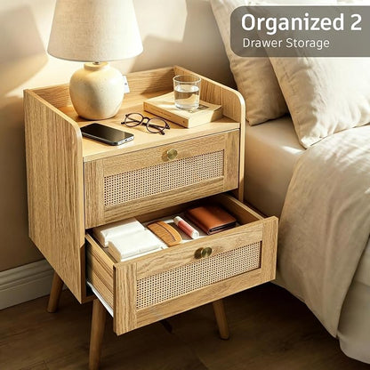 Nightstands Set of 2 with Charging Station, Modern Boho Rattan Bedside Tables with 2 Drawers,Open Storage End Tables for Bedroom, Small Spaces and Dorm, Solid Wood Legs,Natural