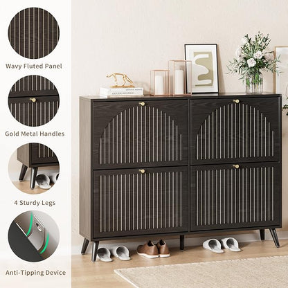 Fsbecl Shoe Storage Cabinet for Entryway with 4 Flip Drawers, Narrow Shoe Organizer with Fluted Panel, Freestanding Wood Hidden Shoe Cabinet (Black, 4 Flip Drawers)