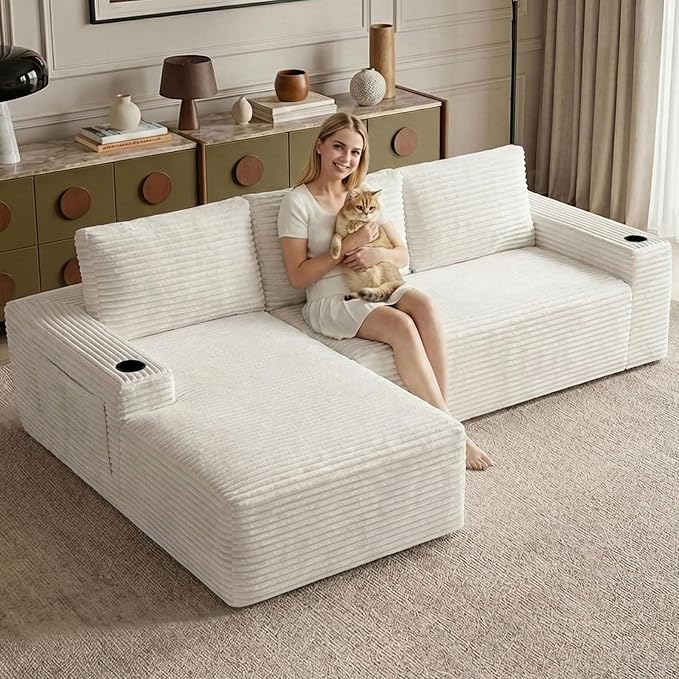 104.3" Modular Sectional Sofa,Modern Corduroy Cloud Couch with Cup Holder & Side Pockets,Boneless Couch Upholstered 3-Seater L-Shaped Sofa for Living Room,No Assembly (White, Left-Facing Chaise) | with Cup Holder