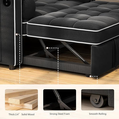 Pipishell 3 in 1 Sleeper Sofa Bed, Pull Out Couch with USB Ports & Side Pockets, Adjustable Backrest, Convertible Loveseat Sofa Bed, Futon Couches, Charcoal Black Velvet, Living Room