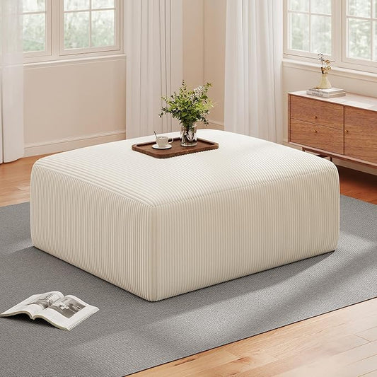 40" Oversized Square Corduroy Ottoman Pouf - Poofy Soft Foot Rest with Foam Chunk Filling, Movable Large Ottoman Pouf Footstool for Living Room Sofa Couch Bedroom, Beige (1 Piece)