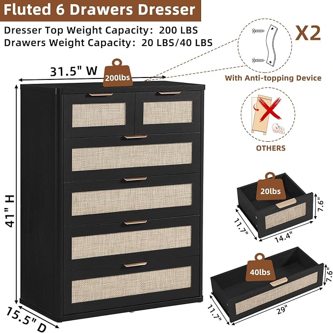 LEYAOYAO Rattan Dresser for Bedroom, 42" Tall Chest of Drawers, Modern 6 Drawers Boho Dressers with Storage, Light Oak Dresser Wooden Closet Organizer for Living Room, Hallway, Black