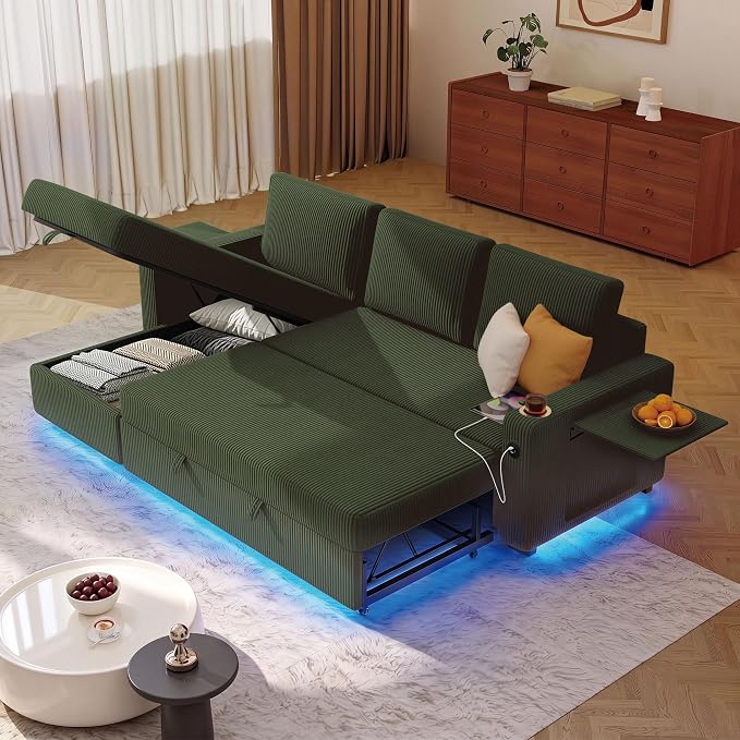 Ball & Cast 80" Sectional Sleeper Sofa Bed Pull Out Couches for Living Room | L Shaped Convertible Pull Out Sofa Bed with Storage Chaise, LED Lights, Foldable Table, USB Ports, Cup Holder and Side Pocket