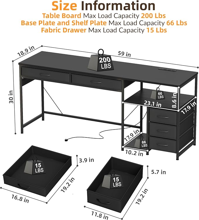 YOSHOOT 60" Computer Desk with 5 Fabric Drawers, Gaming Desk Table | Desk with Storage and Power Outlets, for Adults and Teenagers Working Writing Study, Black