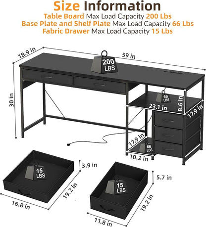 YOSHOOT 60" Computer Desk with 5 Fabric Drawers, Gaming Desk Table | Desk with Storage and Power Outlets, for Adults and Teenagers Working Writing Study, Black
