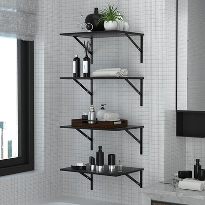 Deep Floating Wall Shelves - 4 Sets of 12 Inch Wide Black Wood Shelves for Bathroom, Bedroom, Kitchen, Living Room