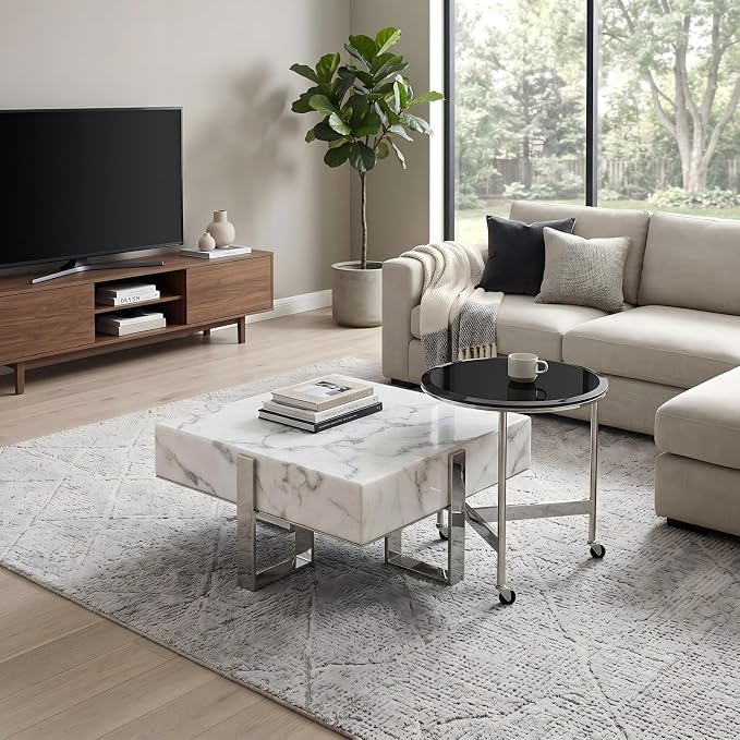 White Faux Marble Coffee End Table Set, 2-Piece Modern Silver Nesting Coffee Table, Square Center Table with Mirrored Chrome Legs for Living Room Apartment