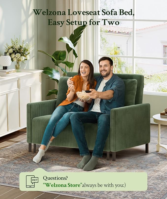 Welzona 47.2" Convertible Sofa Bed Couch, Comfy Corduroy Loveseat Sleeper Sofa, 620lbs Capacity Couch Bed, Easy Setup Love Seat Sleeper Bed with 2 Pillow, Small Couches for Living Room/Office, Green