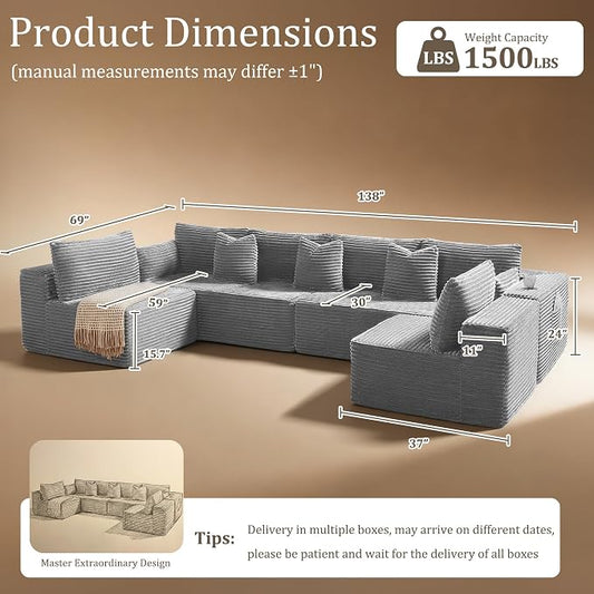 138" Cloud Sectional Couch, Comfort U Shaped Sofa for Living Room, Extra Deep Seats No Assembly, Minimalist Modular Couch, Corduroy (Light Grey, 6 Seats,U-Shape B)