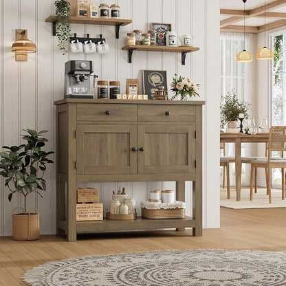 HOSTACK Farmhouse Console Table with 2-Door Cabinet & 2 Drawers, Coffee Bar, Entryway Table with Storage Shelf, Sofa Tables Buffet Sideboard for Kitchen, Hallway, Dining, Living Room, Rustic Brown