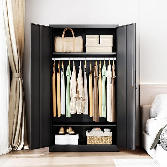 Letaya Metal Wardrobe Cabinets with Lock,Clothing Locker 72" X 36" X 18" Storage Cabinets for Home Room,Fire Department, School, Employee,Gym,Government (Black)