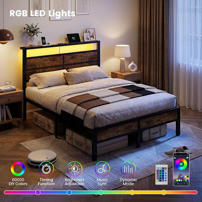 Full Size Metal Bed Frame with Storage Headboard, LED Lights and USB Charging Ports, Brown Platform Bed with Sturdy Slats, No Box Spring Needed, Easy Assembly, Noise Free