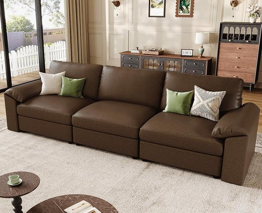 EASE MOOSE 3 Seater Deep Seat Sectional Sofa,Scratch Resistant Faux Leather Material, Oversized Modular Couch,Classic Comfy Sofas for Small Spaces, Deep Brown