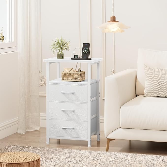 Vagusicc Nightstand with Charging Station, White Bedside Table with USB Ports and Outlet, End Table Side Table with 3 Fabric Drawers and Storage Shelf, Bed Side Table Night Stand for Bedroom, White