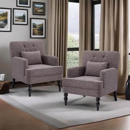 HUIMO Tufted Club Chair Set of 2 with Lumbar Pillow,Accent Chair Upholstered Button Armchair, Linen Fabric Sofa Chairs for Bedroom, Living Room, Mid Century Modern with Reading Chair (2, Gray)