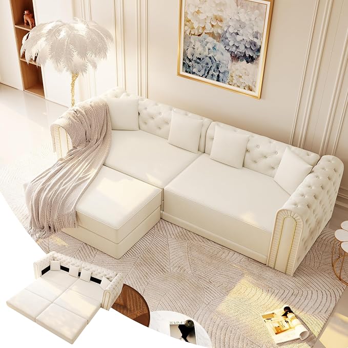 90.6'' Futon Sofa Bed, Chesterfield Velvet Sleeper Sofa, Convertible Floor L-Shaped Couch, Tufted Back, 4 Pillows, Gold Edge Trim, Deep Loveseat Couches for Living Room, Apartment, Gold Beige