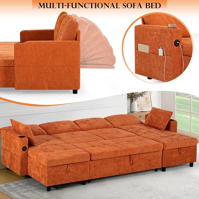 110 Inch Sleeper Sofa Bed w/7 Angles Adjustable Backrests, Chenille sectional Sofa Bed w/USB Port, Convertible U-Shaped Couch Bed w/Storage Chaise & Thicker Cushions for Living Room, Orange
