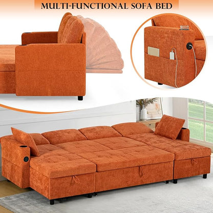 110 Inch Sleeper Sofa Bed w/7 Angles Adjustable Backrests, Chenille sectional Sofa Bed w/USB Port, Convertible U-Shaped Couch Bed w/Storage Chaise & Thicker Cushions for Living Room, Orange