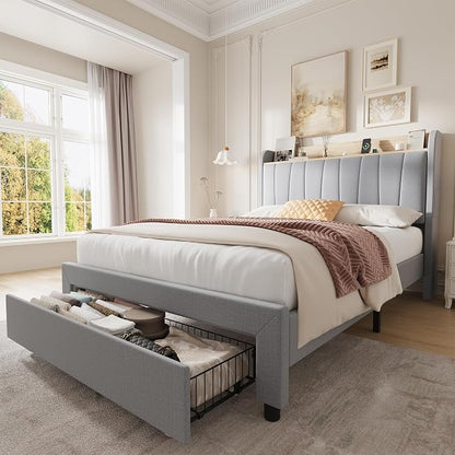 GarveeHome Twin Size Bed Frame with Storage Headboard and Charging Station, Upholstered Platform Bed Frame with Drawers, Heavy Duty, No Box Spring Needed, Easy Assembly, Grey
