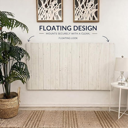 Barn Walls Whitewash Headboard, Queen Size | Coastal Design Distress, Solid Wood, Floating Panels, Wall Mount, Adjustable Height