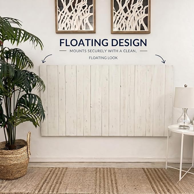 Barn Walls Whitewash Headboard, California King Size | Coastal Design Distress, Solid Wood, Floating Panels, Wall Mount, Adjustable Height
