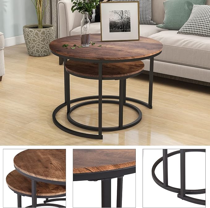 HOJINLINERO Round Coffee Table,Nesting Coffee Table Set of 2,Center Tables for Living Room,Office, Home Small Space,Stacking Side Tables,Sturdy and Easy Assembly,Wood Desktop,Brown,Large