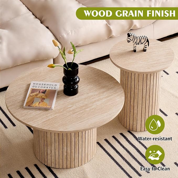 Round Nesting Coffee Table Set of 2, Fluted for Small Spaces | Modern style, suitable for living rooms, roller design, wooden