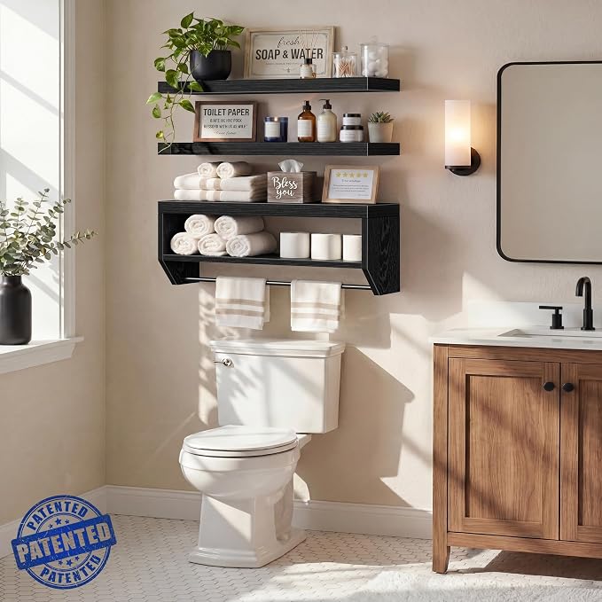 QEEIG Bathroom Floating Shelves for Wall - Shelf Over Toilet Paper Storage Farmhouse 32 inch Long Set of 3, Black (028-80B3)
