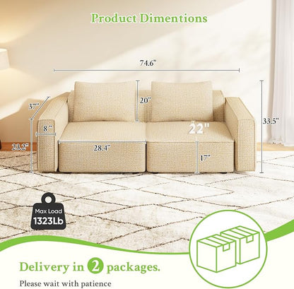 Welzona 75" loveseat Sofa, Comfy Chenille Love Seat, Wood Frame Small Couches for Small Spaces, Tool-Free Setup 2 Seater Modern Loveseat, 22"Deep Seat Sofas for Living Room, Apartment, Bedroom, Camel