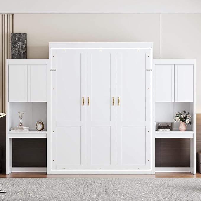 Ball & Cast Murphy Bed Queen Bed Frame with Headboard,Hideaway Bedframe w/Vanity and Cabinets,Wood Wall Cabinet,Slat Support,can be Folded,No Box Spring Needed,for Small Room,White