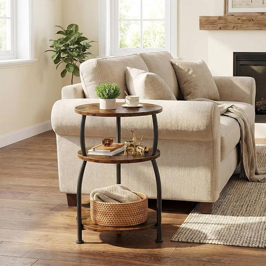 Round Side Table, 3-Tier End Table with Storage Shelf, 15.7" Wide Nightstand for Small Spaces, Tall Sofa Table Capable of Holding Laptops & Lamps, Bedside Table for Bedroom & Living Room, Rustic Brown