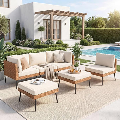 Aoxun 6-Piece Patio Furniture Set, Wicker Outdoor Furniture with Water Resistant Thick Cushions, Patio Conversation Set Outdoor Sectional Sofa with Coffee Table for Backyard Poolside, Beige