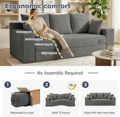 Boneless Couch for Living Room, 3 Seater Convertible Futon Sofa Bed Comfy Pull Out Couch with 5 Pillows & Detachable Washable Cover, Upholstered Floor Sofa in A Box, No Assembly Required, Grey