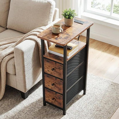 LOAKEKEL Narrow End Tables Living Room Set of 2 with Charging Station, Skinny Side Table with Fabric Drawers, Slim Nightstand for Bedroom, Small Spaces, Couch, Brown, HETNDP03BR