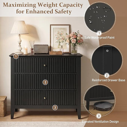 RoyalCraft 32" Large Nightstand Set of 2, Fluted Painted Bedside Table with 3 Spacious Drawers, Modern Tall End Table for Bedroom, Black