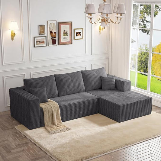 92.5" Modular Sectional Sofa, L-Shaped Cloud Couch with Deep Seats & Chaise, Convertible 4-in-1 Corduroy Boneless Couches for Living Room, Bedroom, No Need Assembly - Grey(Right Facing Chaise)